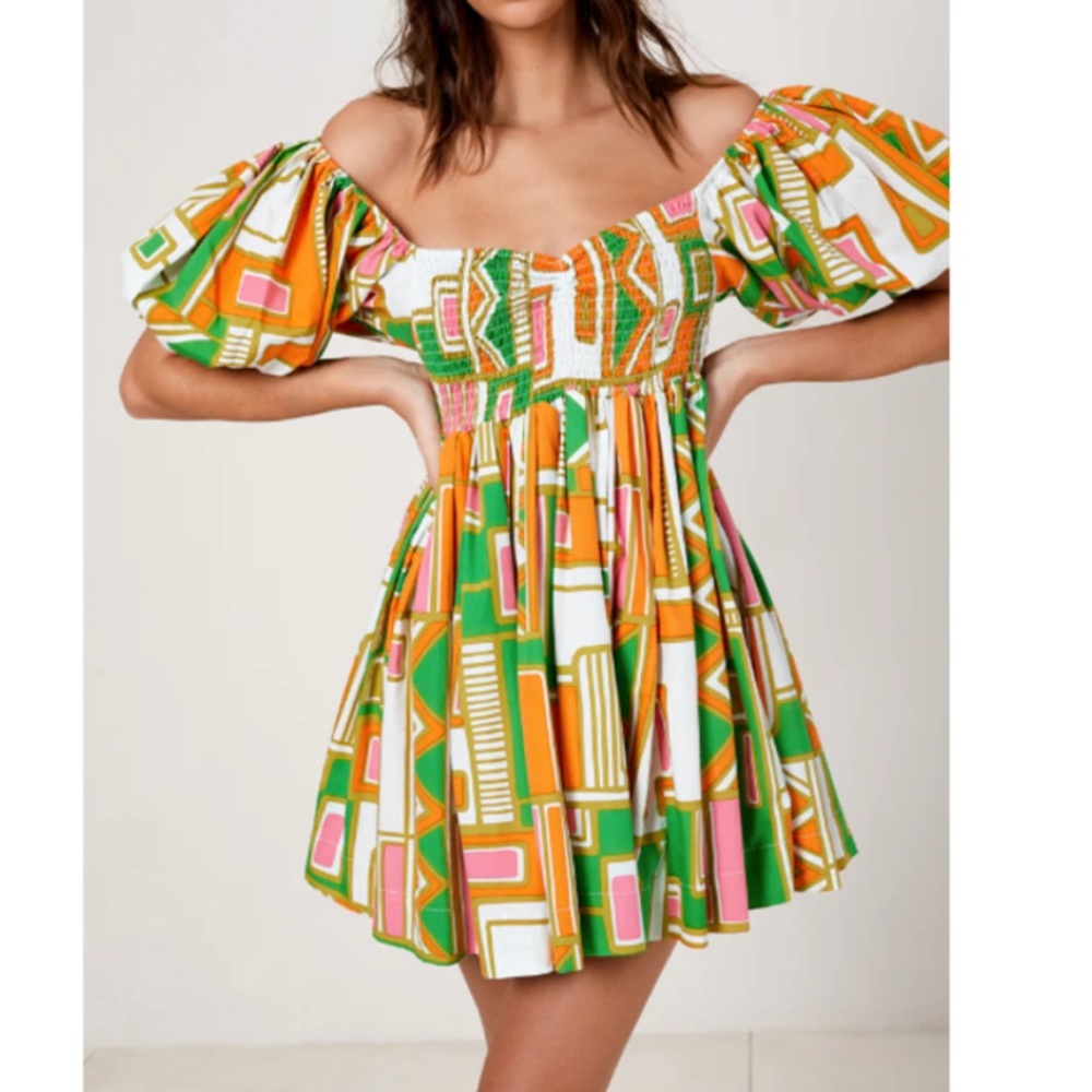 S/W/F geometric, puff sleeve, baby doll dress